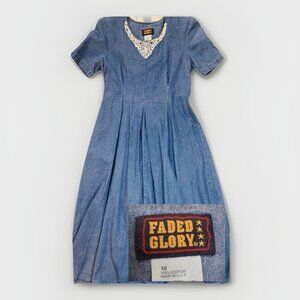 Vintage Faded Glory Denim Dress Size 10 Floral Embroidery Western Cottage Core